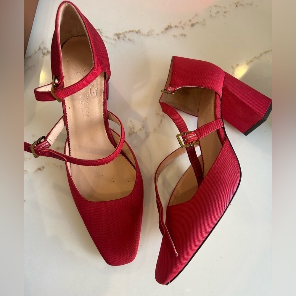 J.Crew Moire double buckle red pump size 10.5
